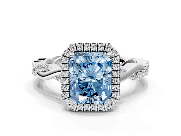 White gold Fancy Blue Radiant  Cut Halo Twisted Band Four-Prong Ring