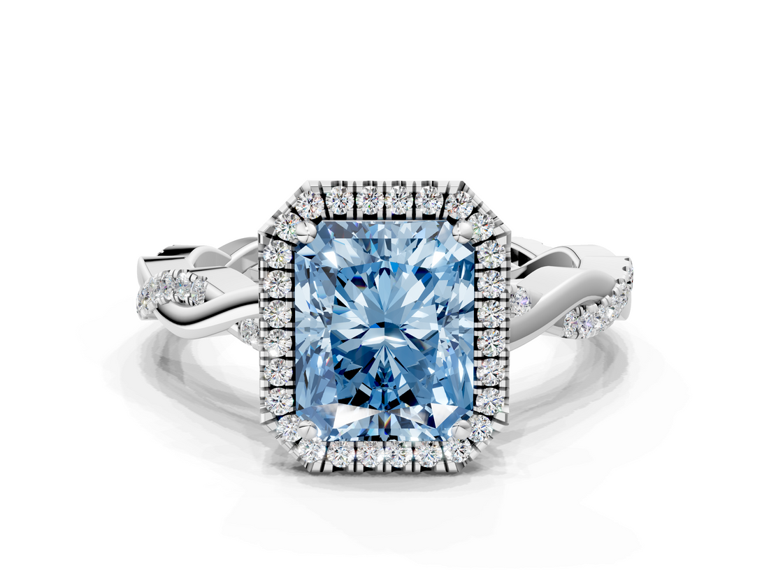 White gold Fancy Blue Radiant  Cut Halo Twisted Band Four-Prong Ring_20