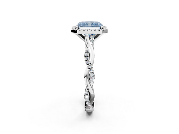 White gold Fancy Blue Radiant  Cut Halo Twisted Band Four-Prong Ring