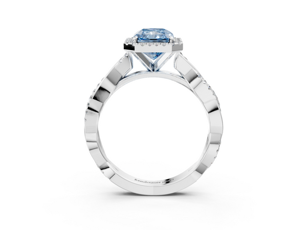 White gold Fancy Blue Radiant  Cut Halo Twisted Band Four-Prong Ring