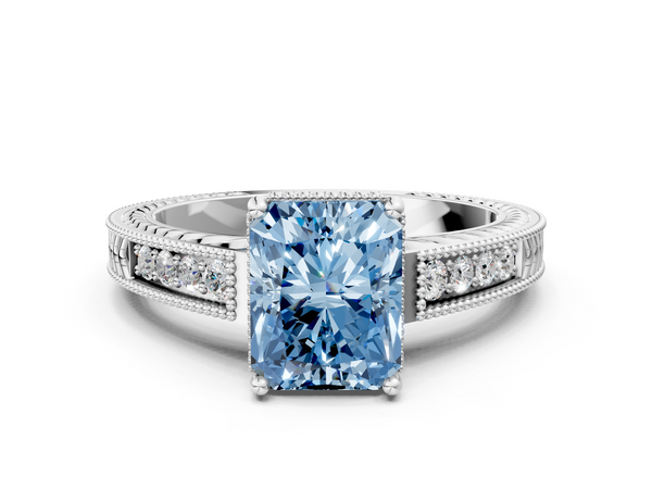 White gold Fancy Blue Radiant Cut Diamond Engagement Ring with Milgrain Channel Set Band and Prong Setting