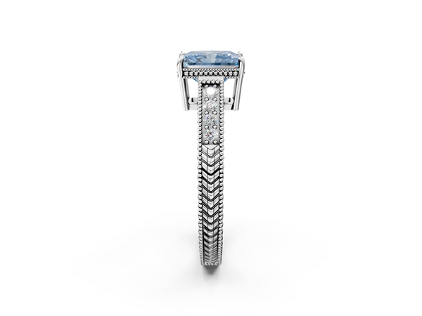 White gold Fancy Blue Radiant Cut Diamond Engagement Ring with Milgrain Channel Set Band and Prong Setting