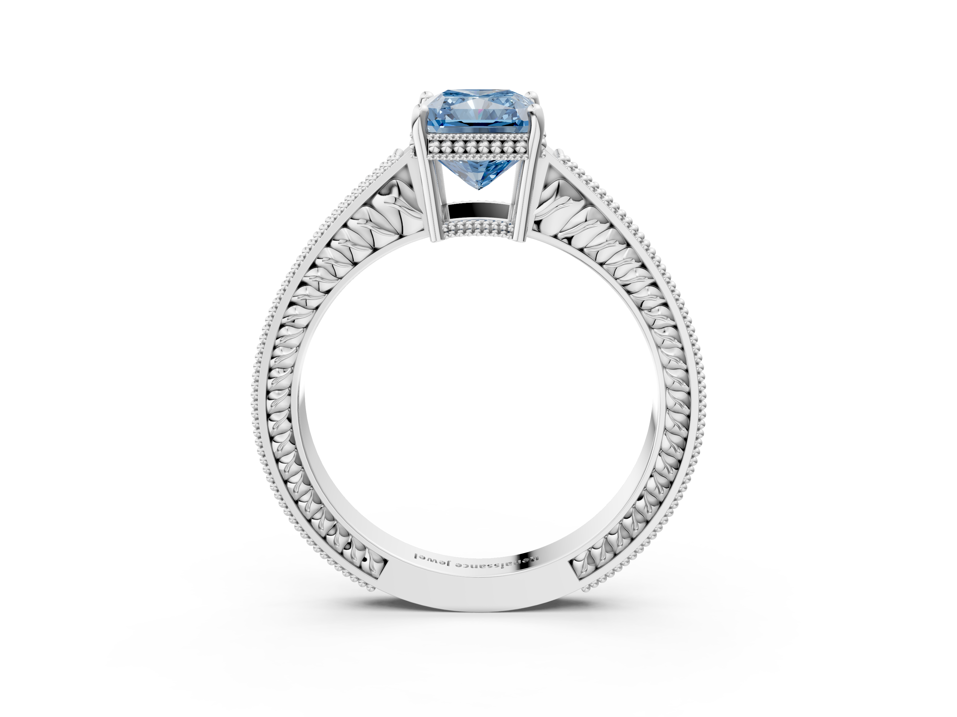 White gold Fancy Blue Radiant  Cut Milgrain Channel Set Engagement Ring with Solitaire Prong Setting_52
