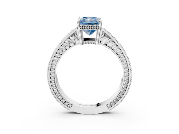 White gold Fancy Blue Radiant Cut Diamond Engagement Ring with Milgrain Channel Set Band and Prong Setting