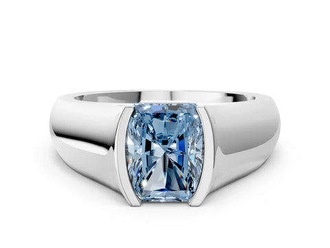 White gold Fancy Blue Radiant Cut Solitaire Bezel Set Diamond Ring with Wide Band_12