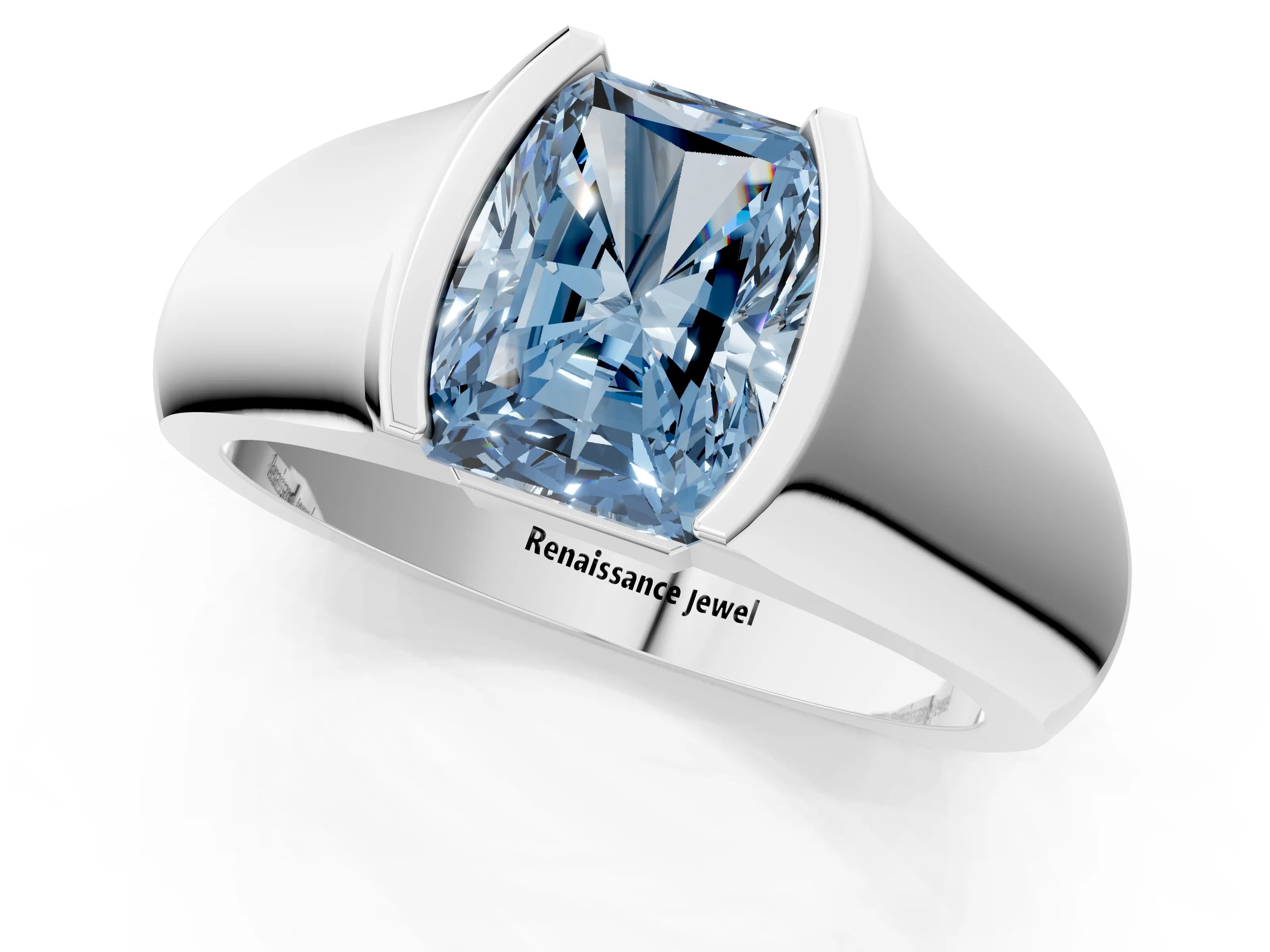 White gold Fancy Blue Radiant Cut Solitaire Bezel Set Diamond Ring with Wide Band_13