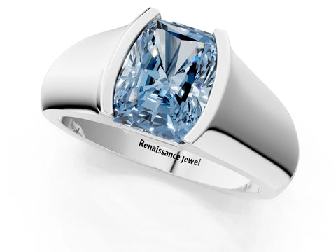 White gold Fancy Blue Radiant Cut Solitaire Bezel Set Diamond Ring with Wide Band_13