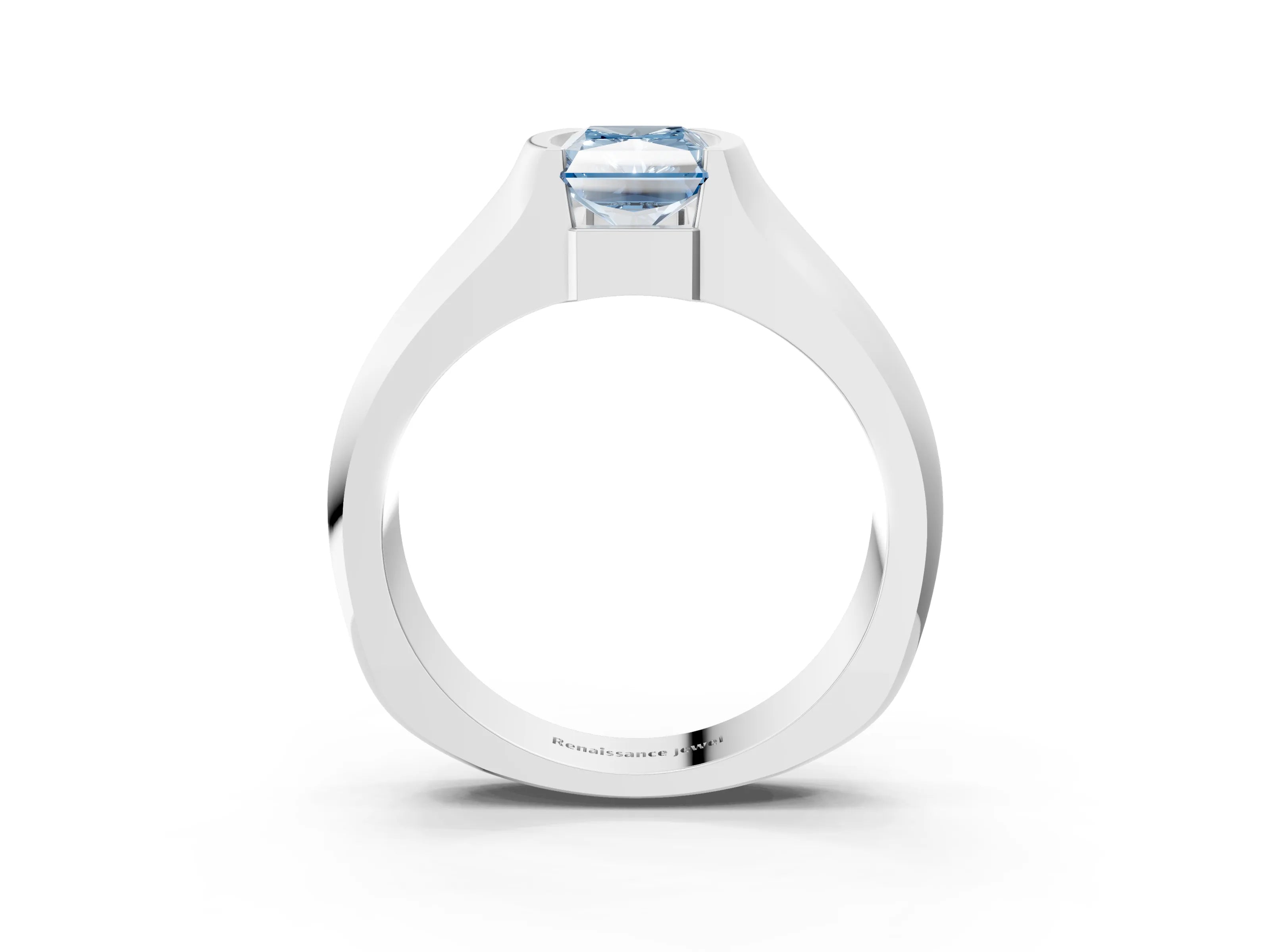 White gold Fancy Blue Radiant Cut Solitaire Bezel Set Diamond Ring with Wide Band_15