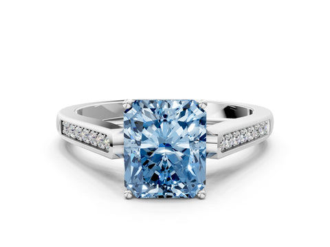 White gold Fancy Blue Radiant Cut Solitaire Cathedral Diamond Engagement Ring with Channel-Set Band and Four-Prong Setting_15