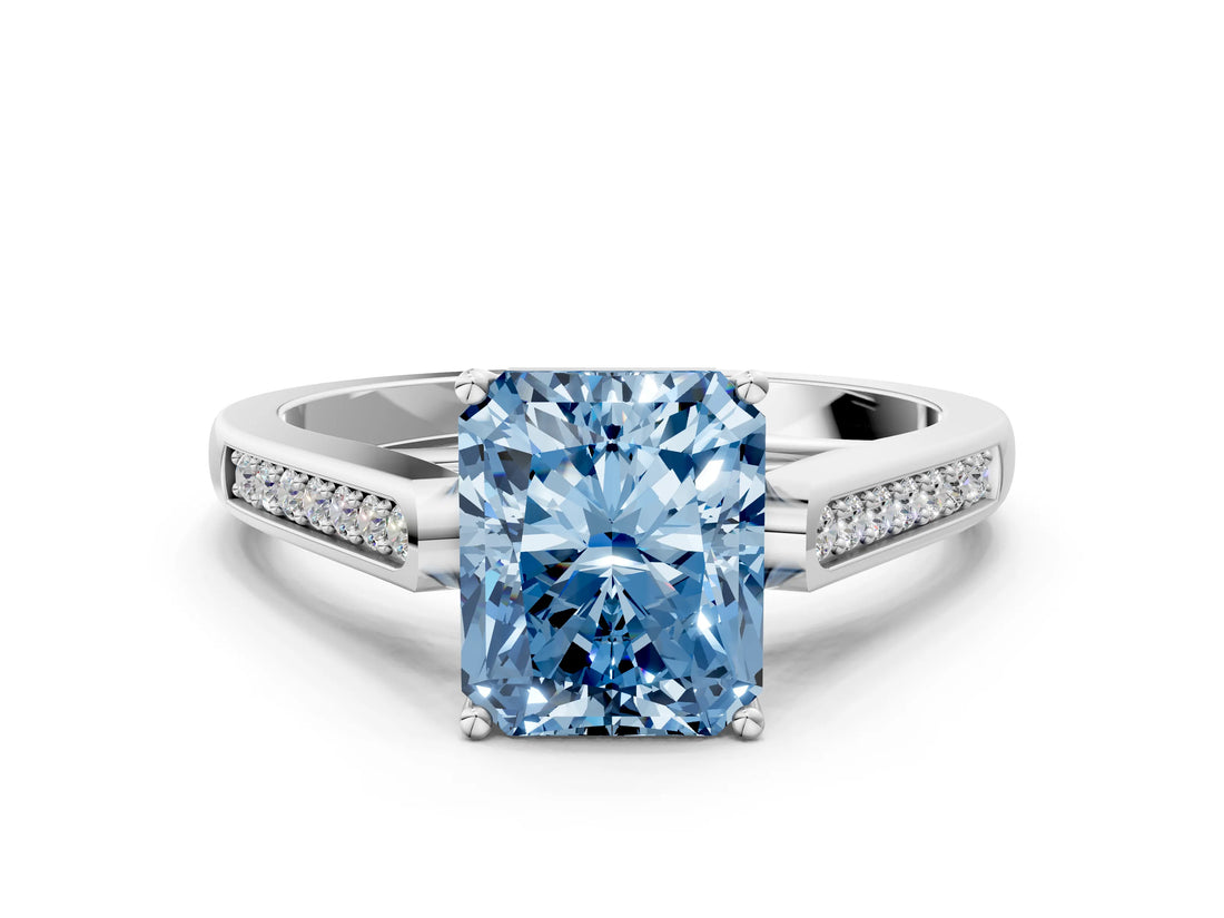 White gold Fancy Blue Radiant Cut Solitaire Cathedral Diamond Engagement Ring with Channel-Set Band and Four-Prong Setting_15
