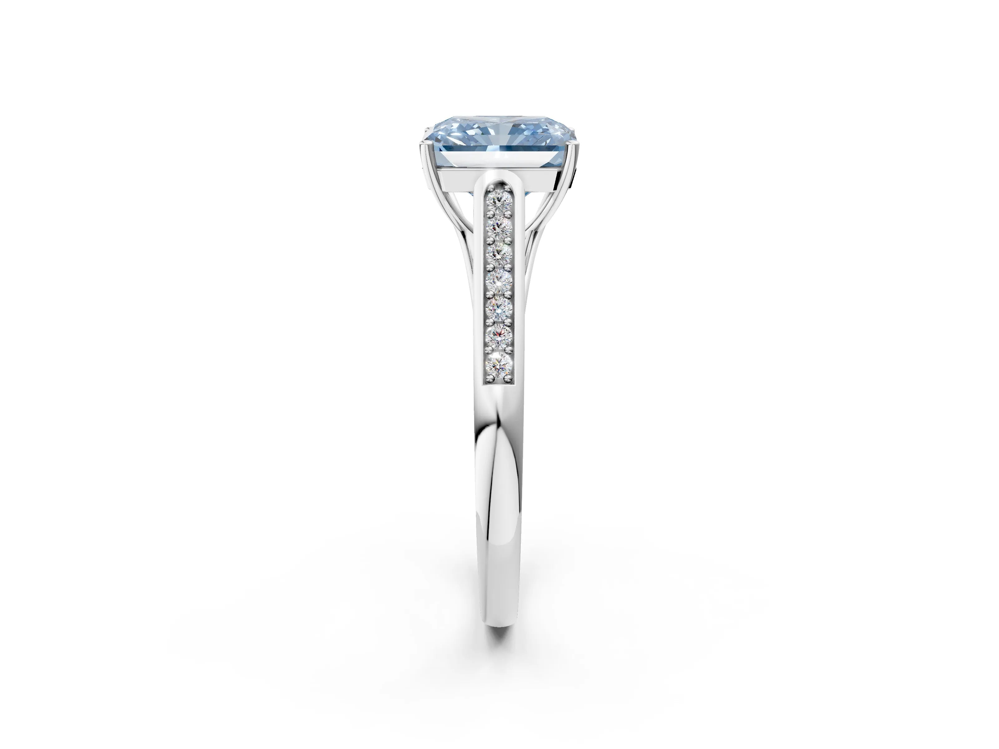 White gold Fancy Blue Radiant Cut Solitaire Cathedral Diamond Engagement Ring with Channel-Set Band and Four-Prong Setting_17