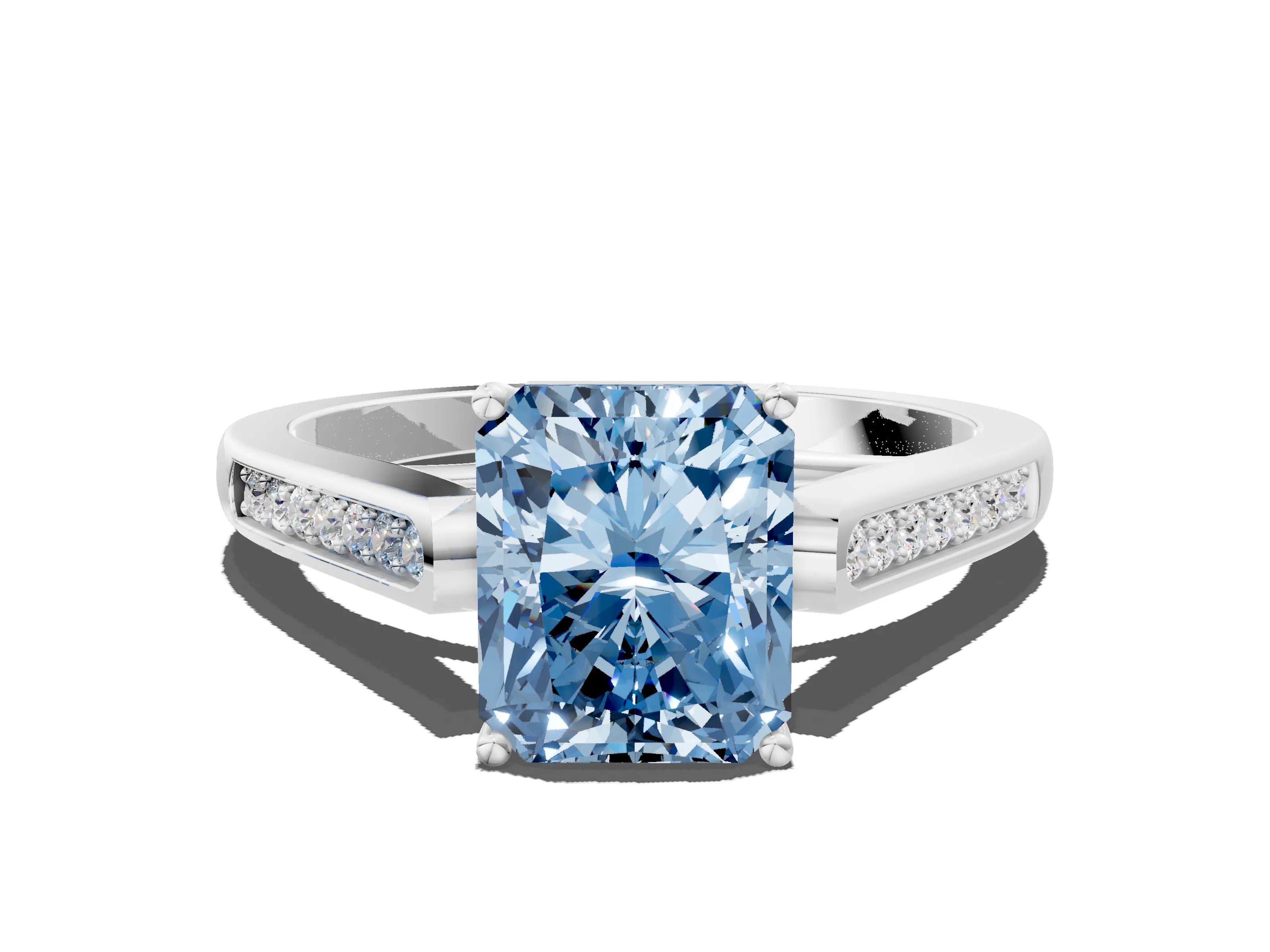 White gold Fancy Blue Radiant Cut Solitaire Cathedral Diamond Engagement Ring with Channel-Set Band and Four-Prong Setting_3
