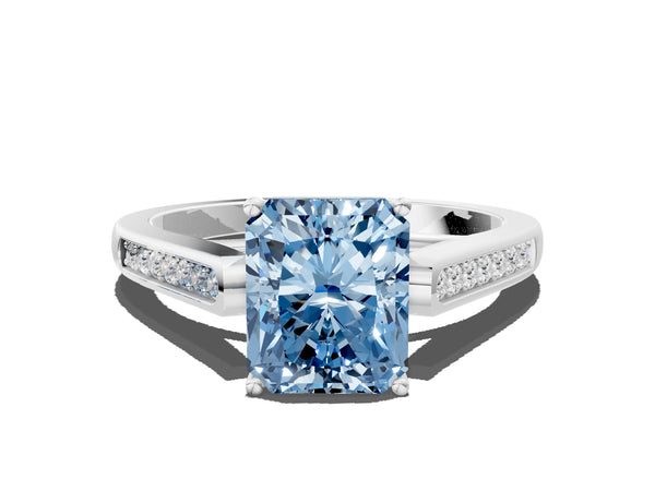 Platinum Fancy Blue Radiant Cut Solitaire Cathedral Diamond Engagement Ring with Channel-Set Band and Four-Prong Setting