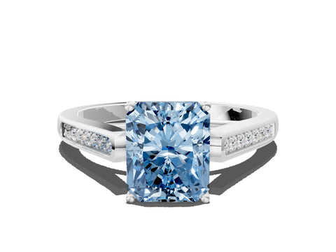 White gold Fancy Blue Radiant Cut Solitaire Cathedral Diamond Engagement Ring with Channel-Set Band and Four-Prong Setting_3