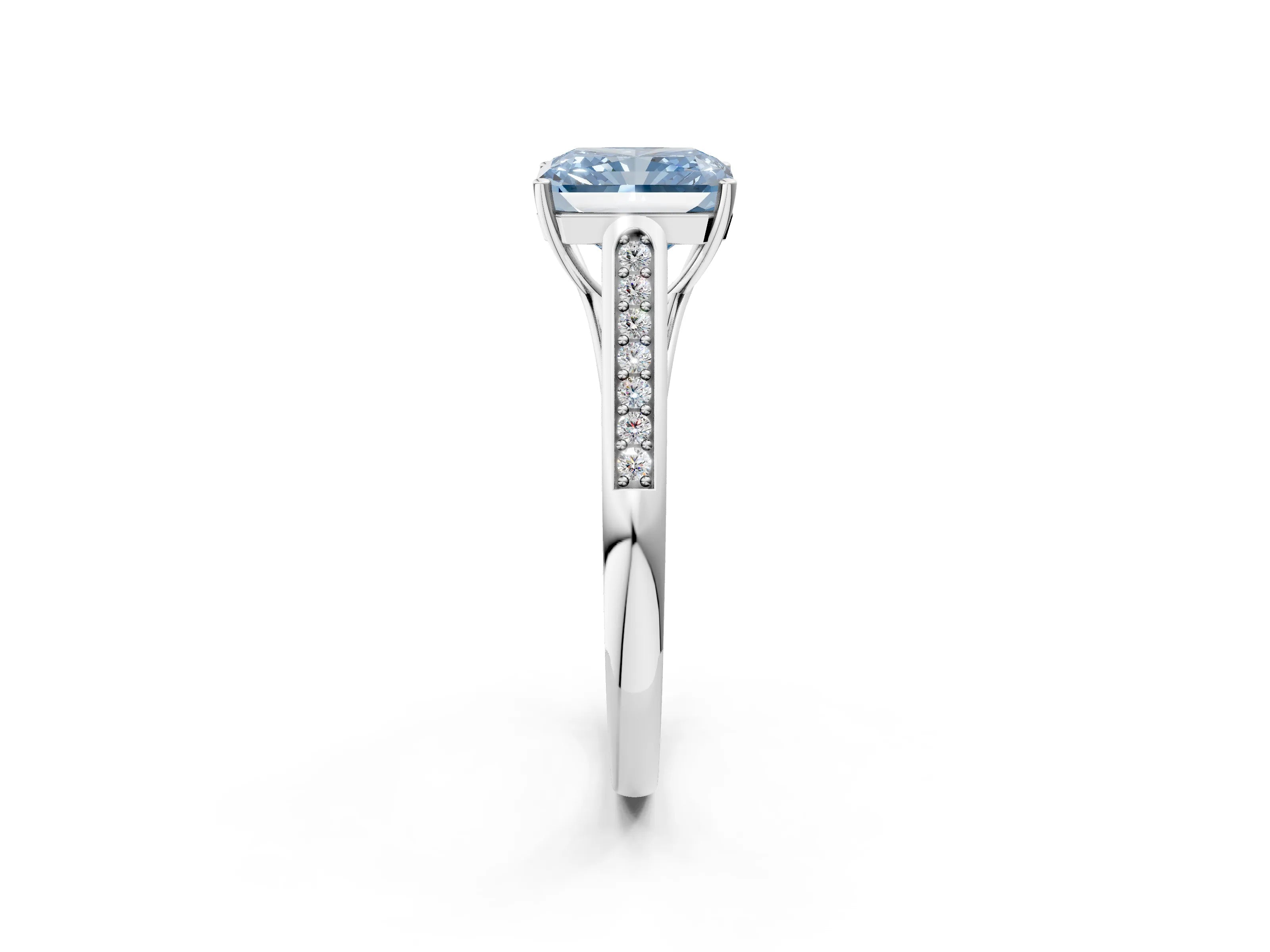 White gold Fancy Blue Radiant Cut Solitaire Cathedral Diamond Engagement Ring with Channel-Set Band and Four-Prong Setting_5