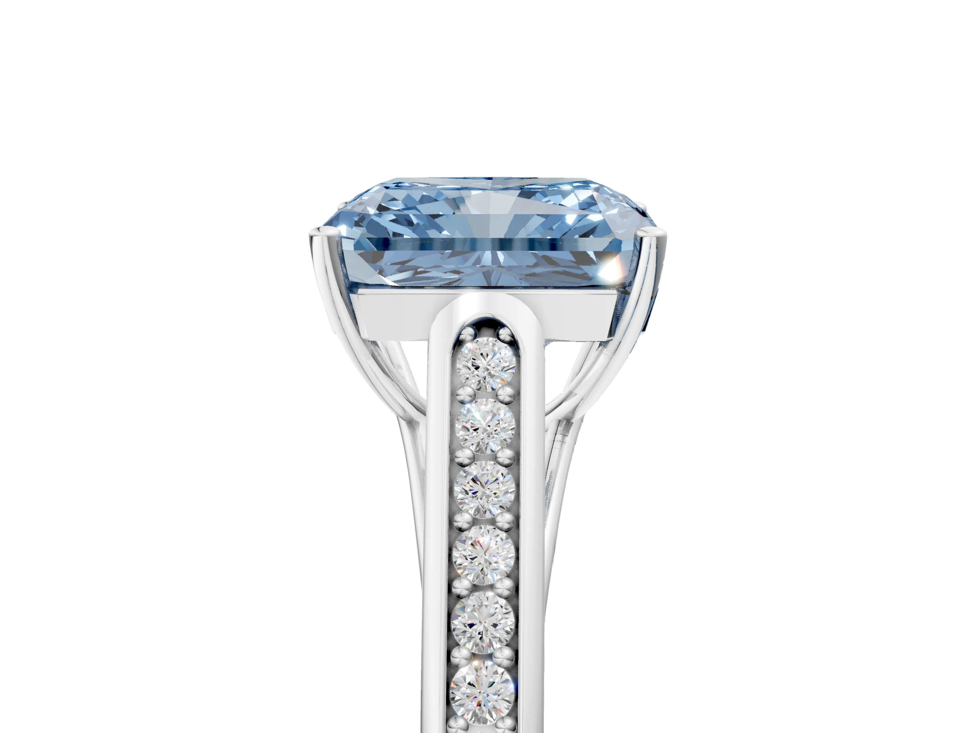 White gold Fancy Blue Radiant Cut Solitaire Cathedral Diamond Engagement Ring with Channel-Set Band and Four-Prong Setting_8