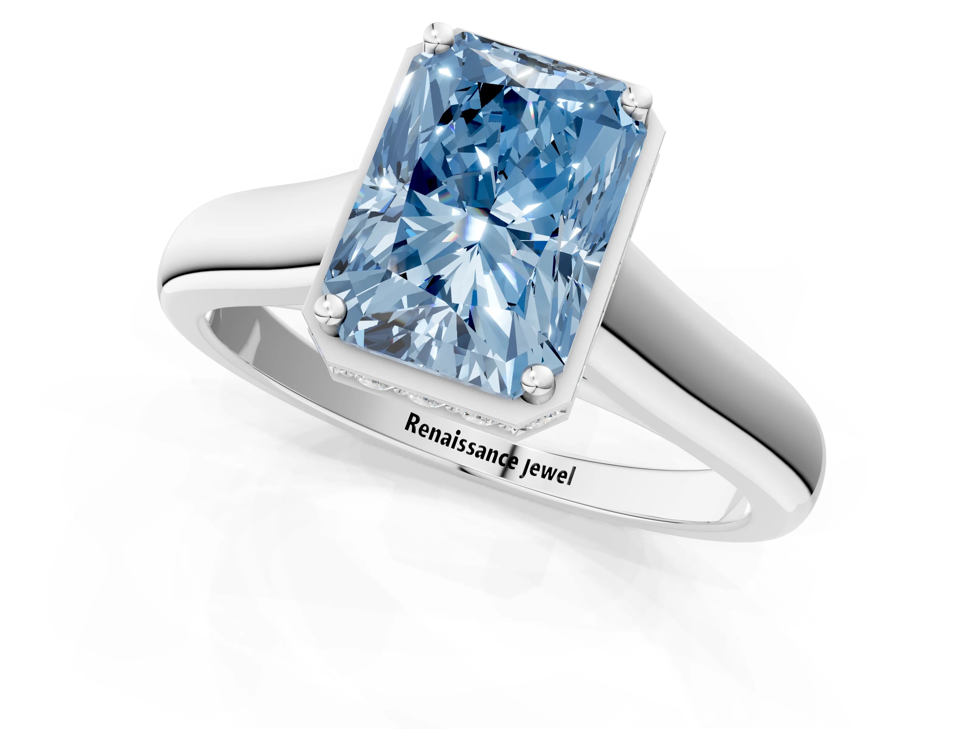 White gold Fancy Blue Radiant Cut Solitaire Diamond Engagement Ring with Four-Prong Setting and Tapered Band_1