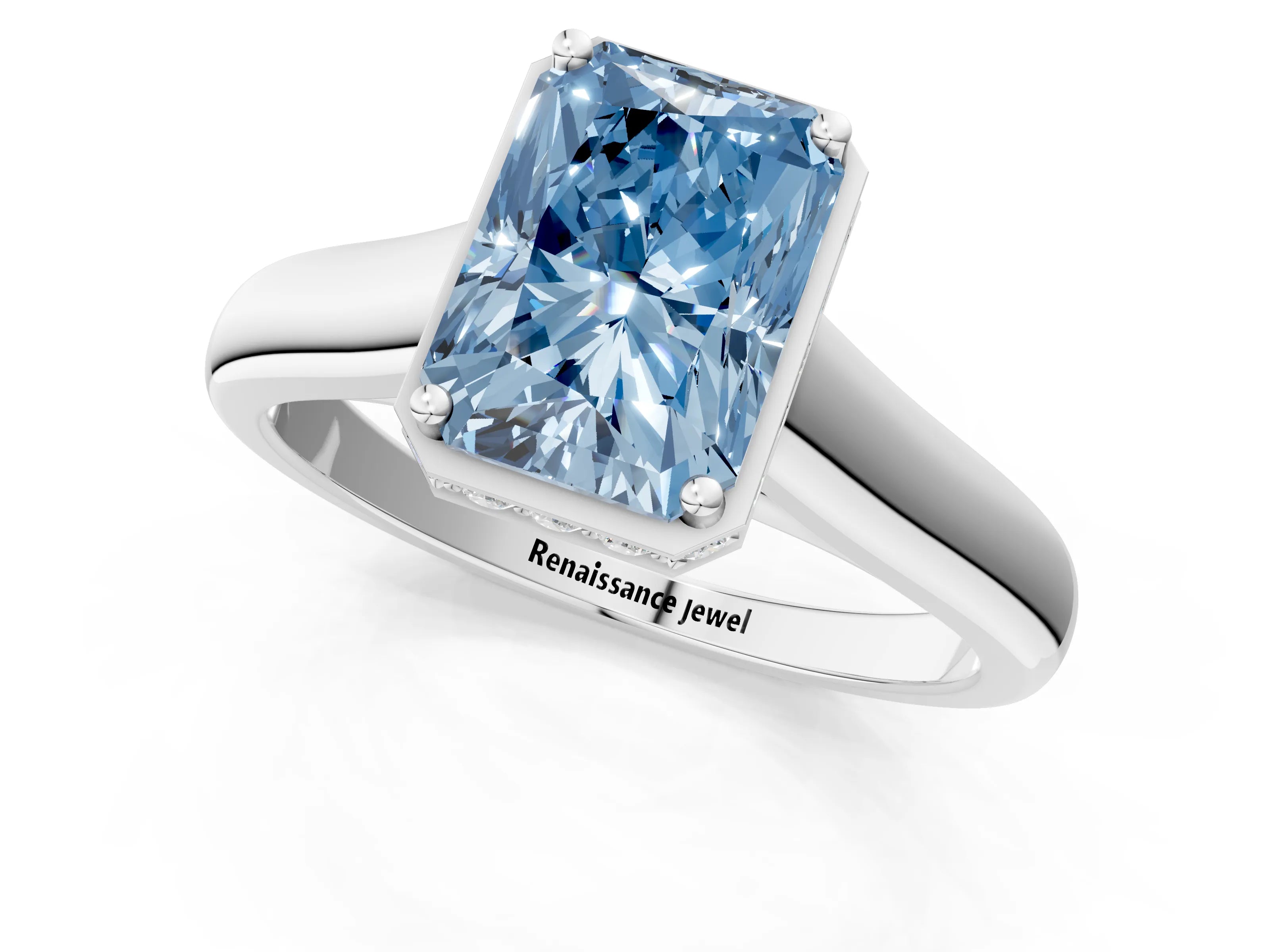 White gold Fancy Blue Radiant Cut Solitaire Diamond Engagement Ring with Four-Prong Setting and Tapered Band_13