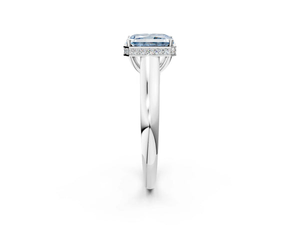 White gold Fancy Blue Radiant Cut Solitaire Diamond Engagement Ring with Four-Prong Setting and Tapered Band