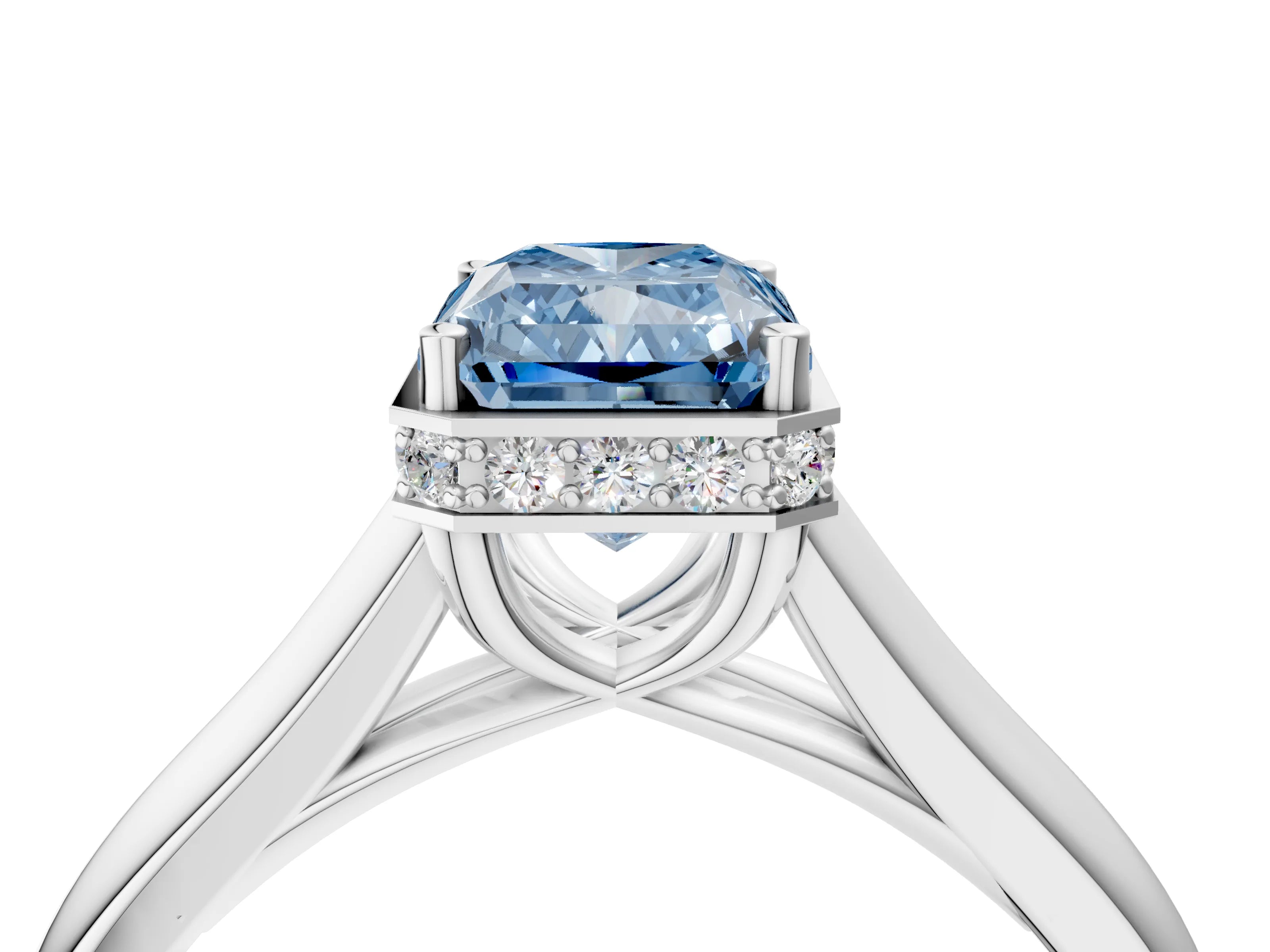 White gold Fancy Blue Radiant Cut Solitaire Diamond Engagement Ring with Four-Prong Setting and Tapered Band_16