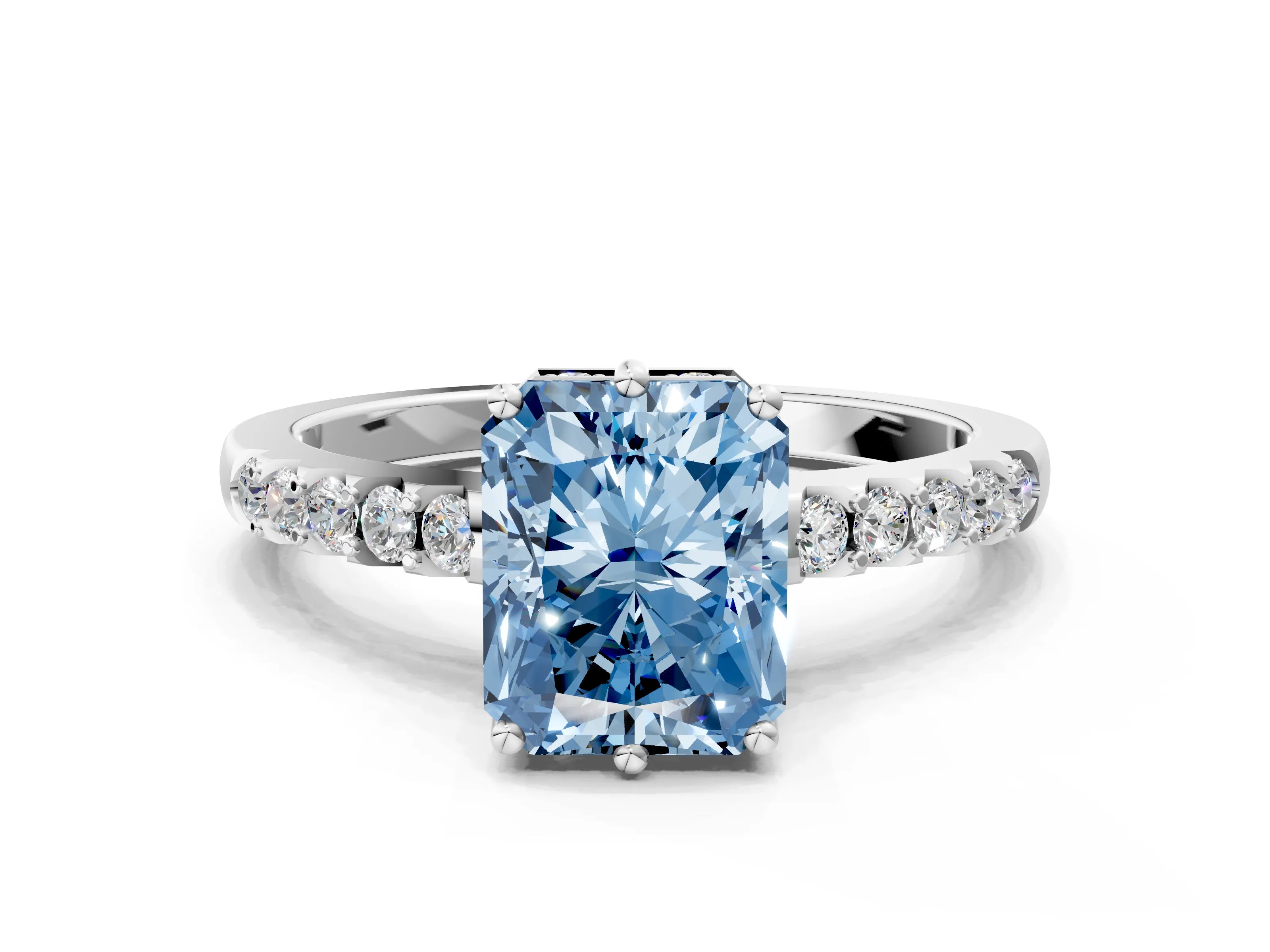 White gold Fancy Blue Radiant Cut Solitaire Diamond Engagement Ring with Pavé Band and Six-Prong Setting_12