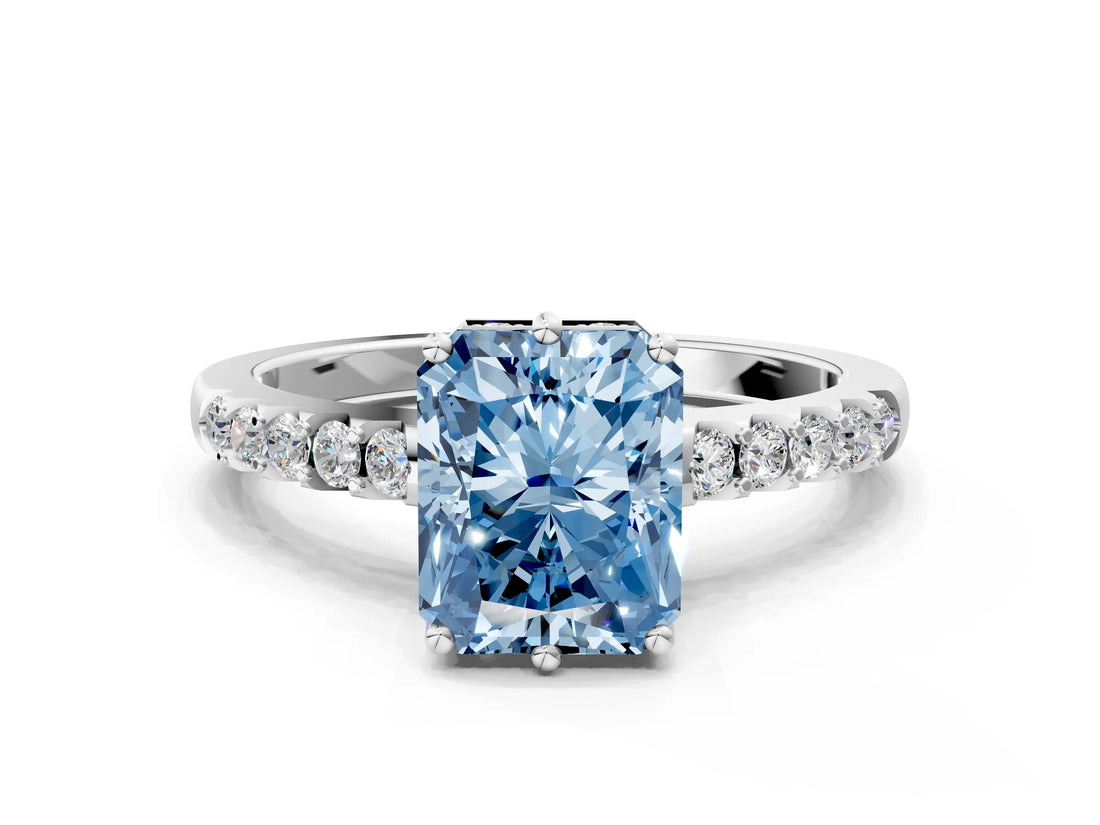 White gold Fancy Blue Radiant Cut Solitaire Diamond Engagement Ring with Pavé Band and Six-Prong Setting_12