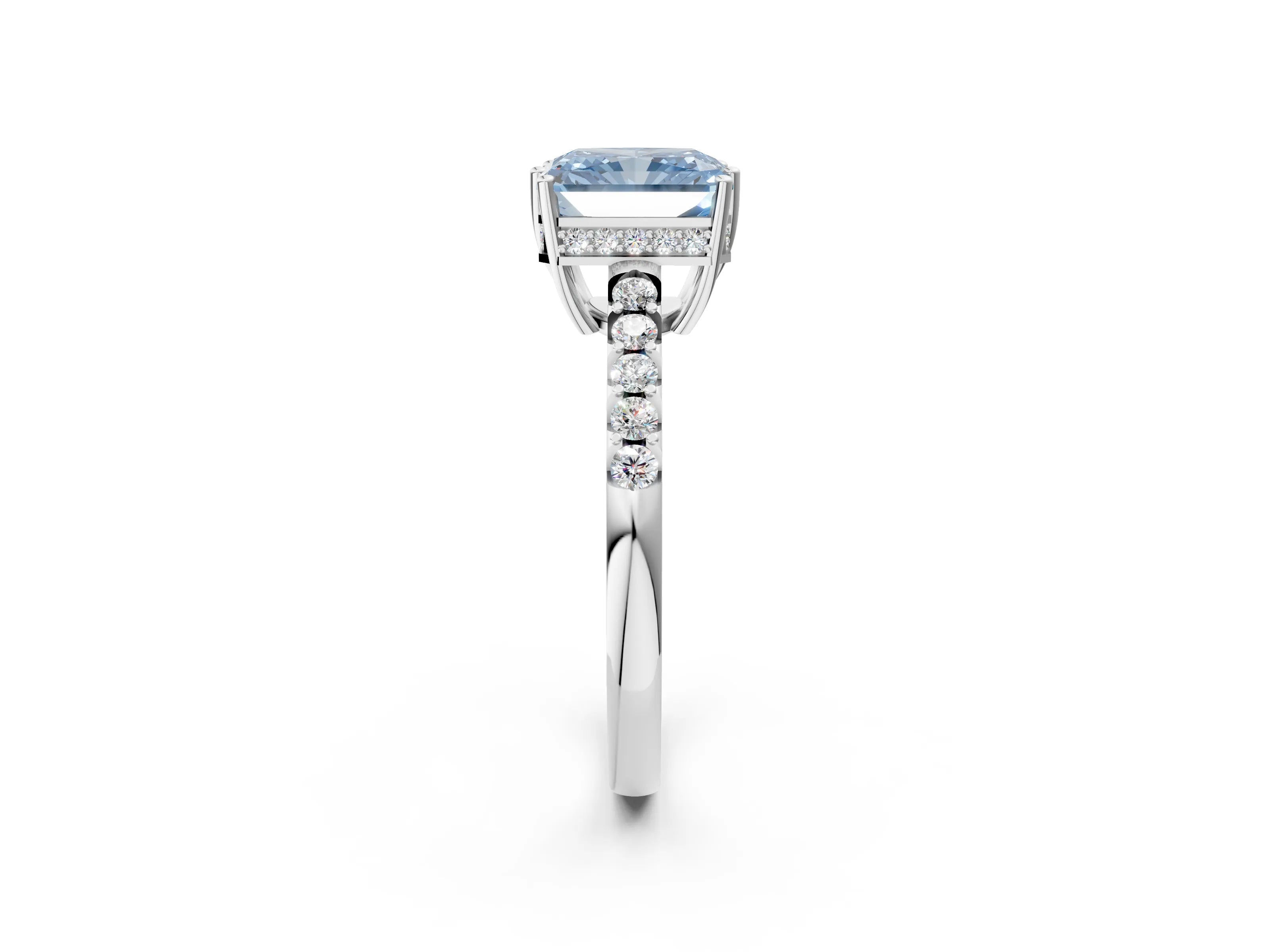 White gold Fancy Blue Radiant Cut Solitaire Diamond Engagement Ring with Pavé Band and Six-Prong Setting_14