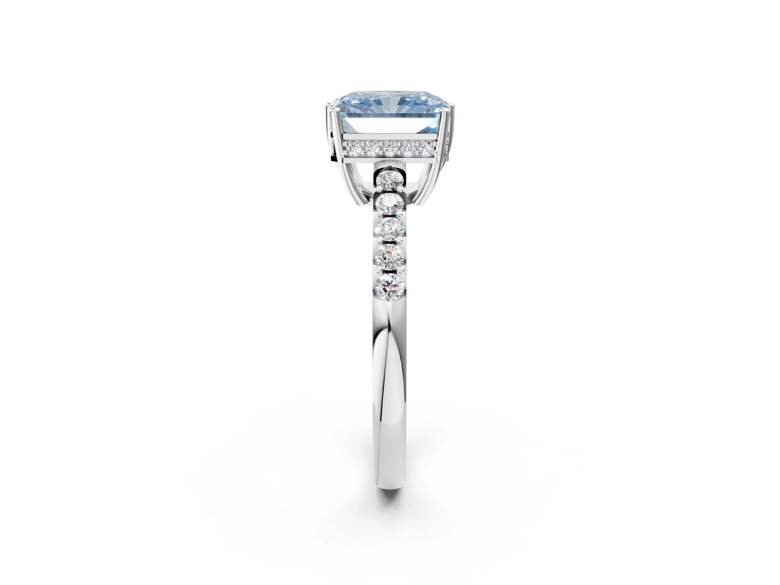 White gold Fancy Blue Radiant Cut Solitaire Diamond Engagement Ring with Pavé Band and Six-Prong Setting_14