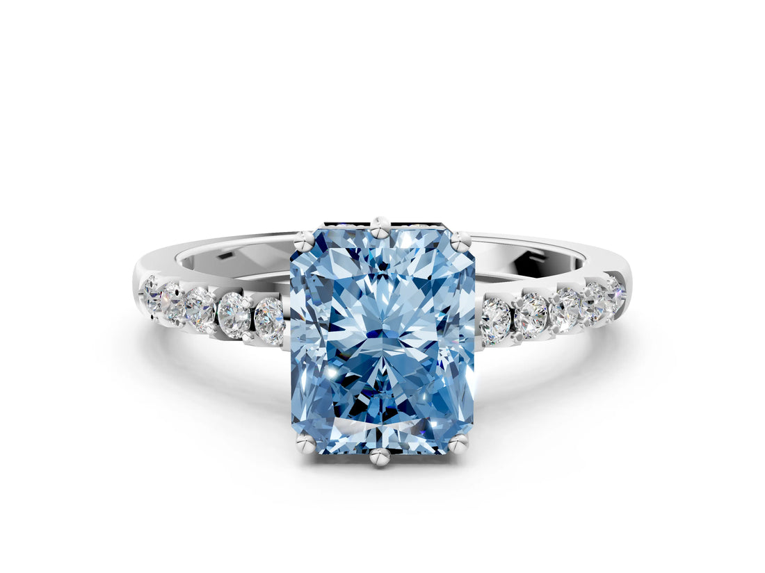 White gold Fancy Blue Radiant Cut Solitaire Diamond Engagement Ring with Pavé Band and Six-Prong Setting_24