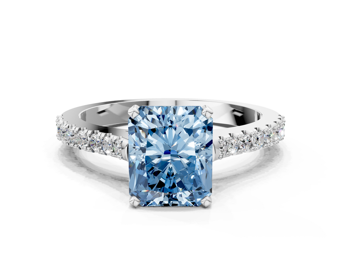White gold Fancy Blue Radiant  Cut Solitaire Diamond Engagement Ring with Pave Band and Four-Prong Setting_164