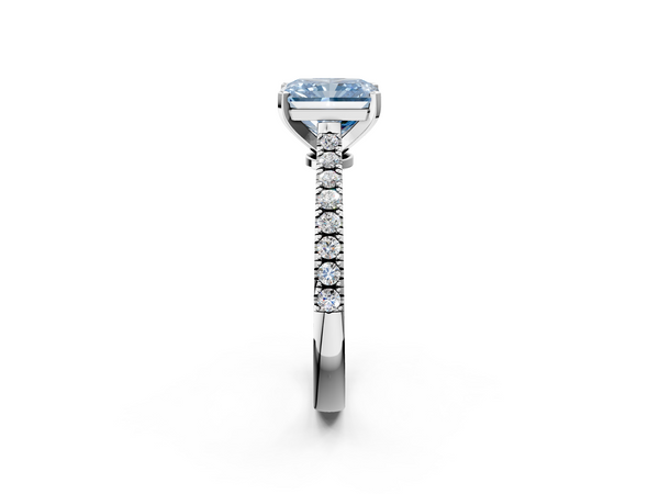 White gold Fancy Blue Radiant  Cut Solitaire Diamond Engagement Ring with Pave Band and Four-Prong Setting