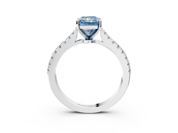 White gold Fancy Blue Radiant  Cut Solitaire Diamond Engagement Ring with Pave Band and Four-Prong Setting