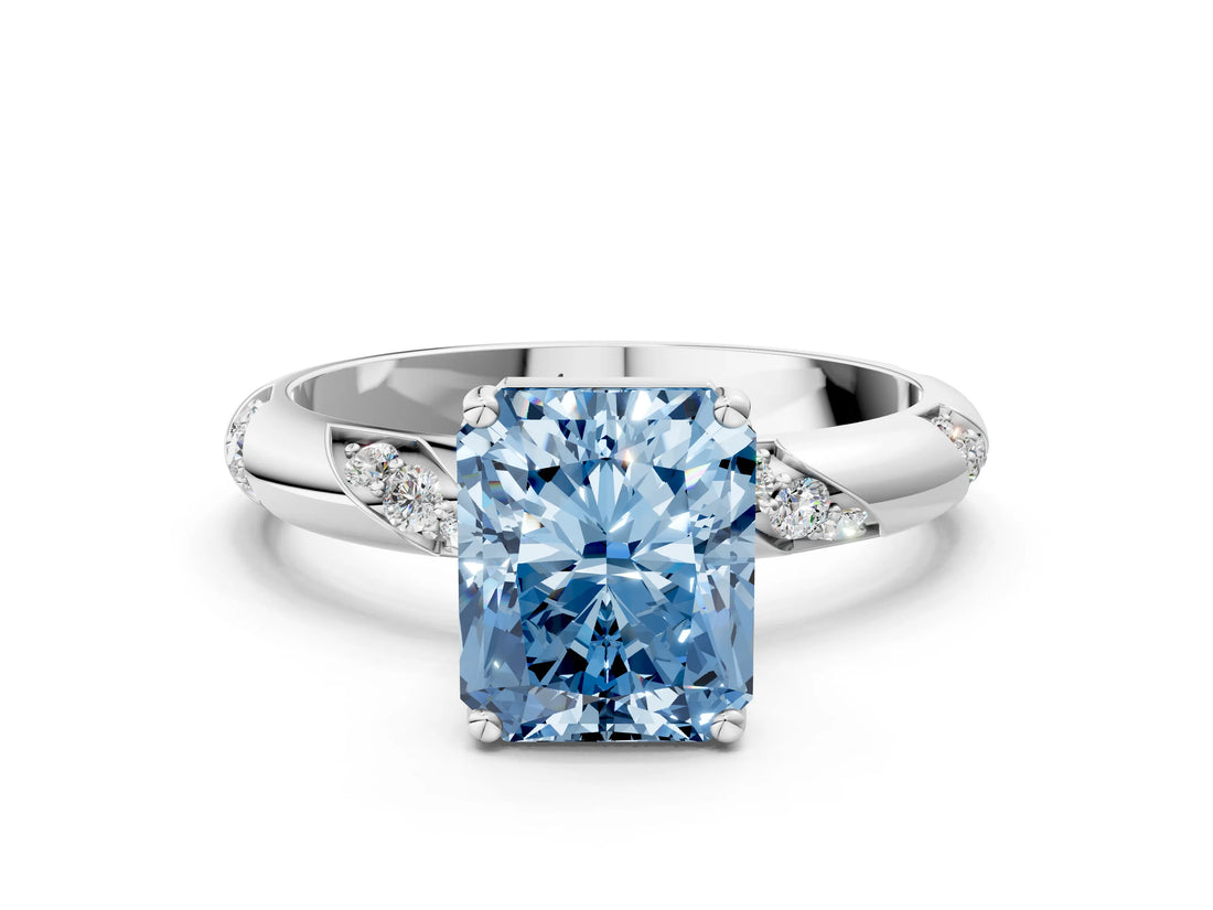 White gold Fancy Blue Radiant Cut Solitaire Diamond Engagement Ring with Twisted Pave Band and Four-Prong Setting_55