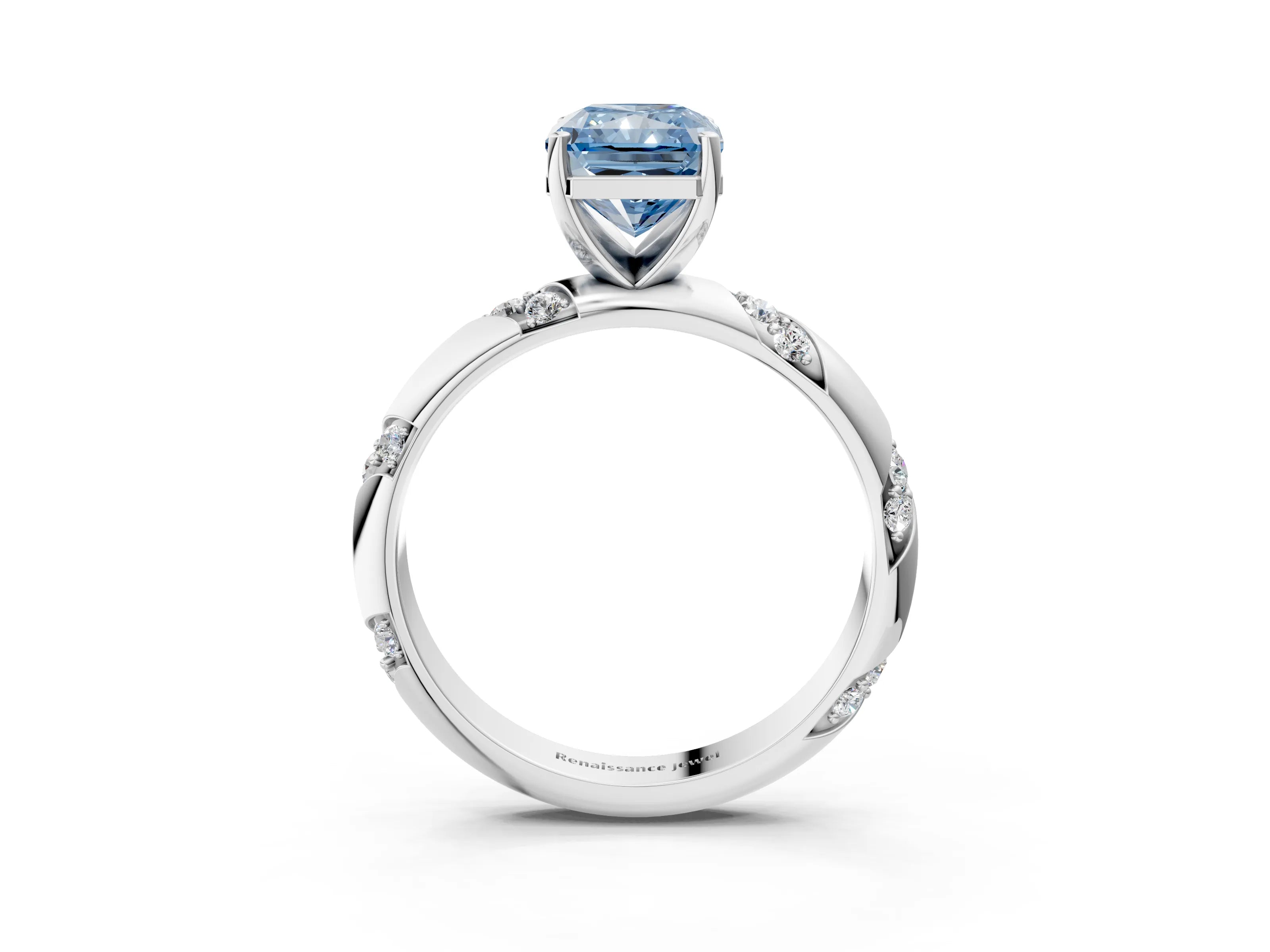 White gold Fancy Blue Radiant Cut Solitaire Diamond Engagement Ring with Twisted Pave Band and Four-Prong Setting_58