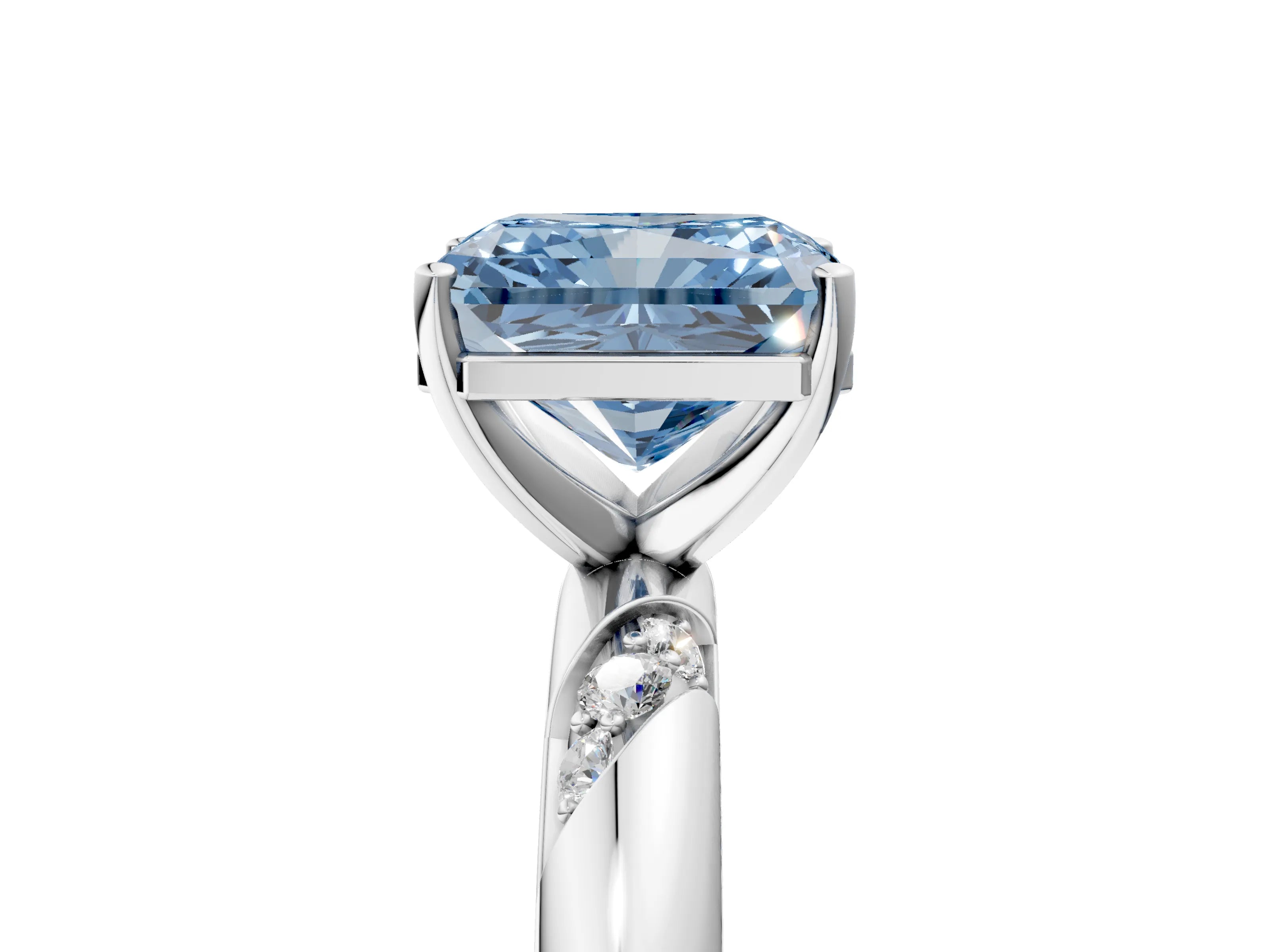 White gold Fancy Blue Radiant Cut Solitaire Diamond Engagement Ring with Twisted Pave Band and Four-Prong Setting_60
