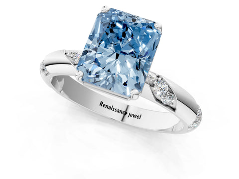 White gold Fancy Blue Radiant Cut Solitaire Diamond Engagement Ring with Twisted Pave Band and Four-Prong Setting_68