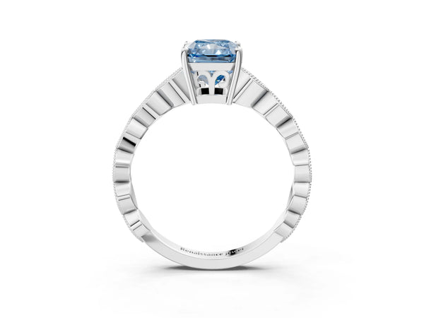 White gold Fancy Blue Radiant Cut Solitaire Diamond Ring with Infinity Twist Band and Four-Prong Setting