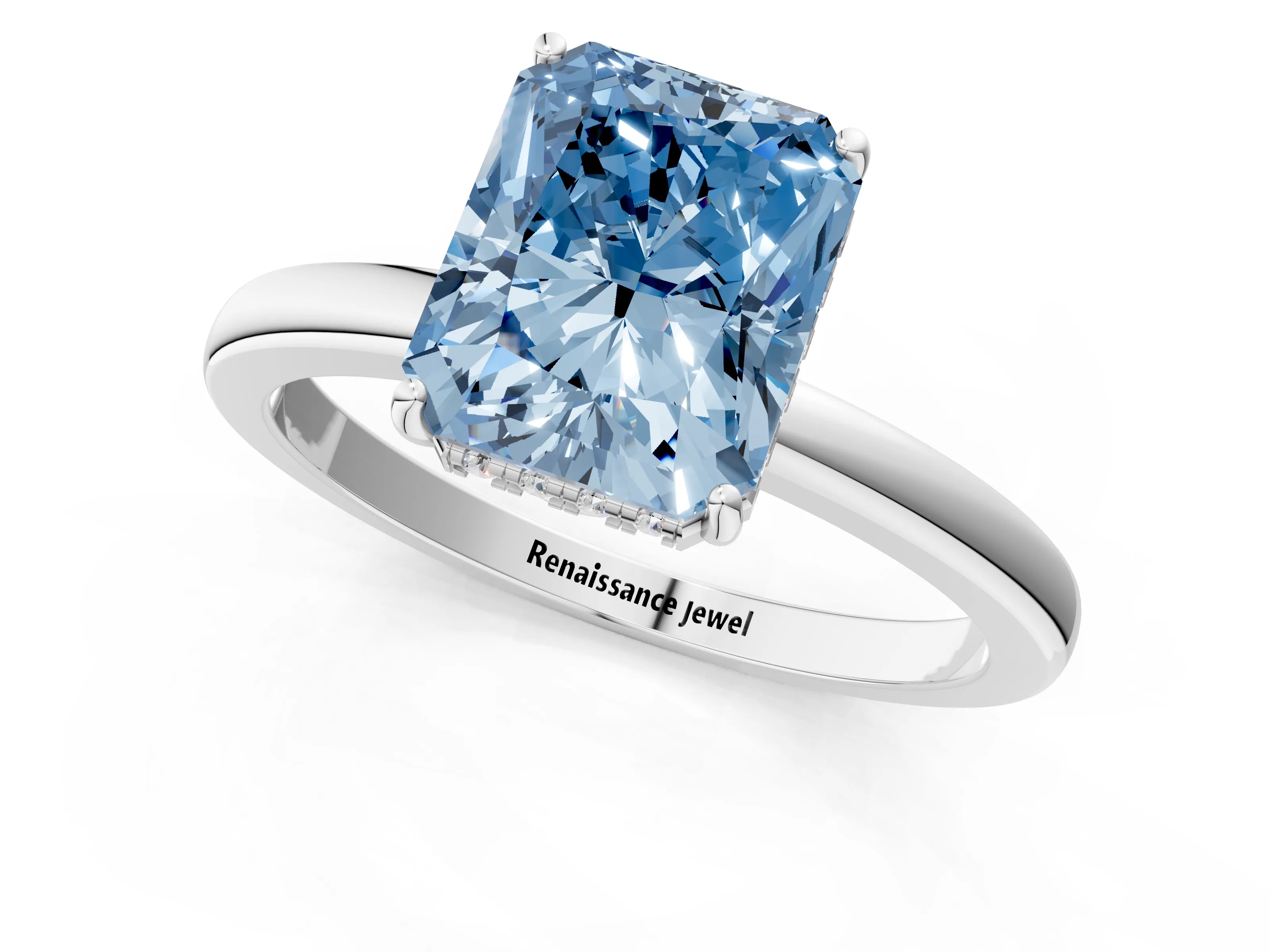 White gold Fancy Blue Radiant Cut Solitaire Diamond Ring with Prong Setting and Plain Band_13