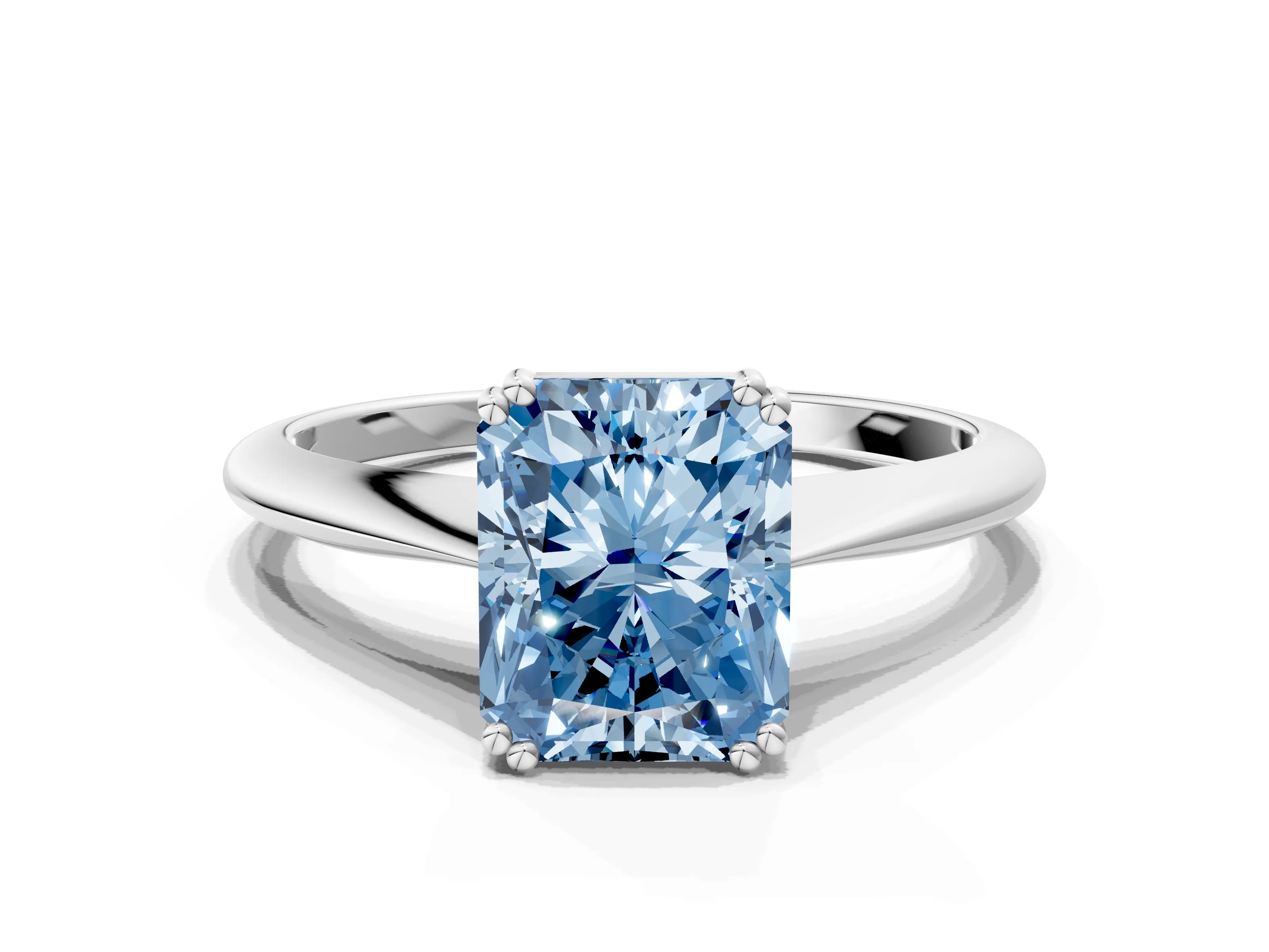 White gold Fancy Blue Radiant Cut Solitaire Diamond Ring with Six-Prong Setting and Classic Band