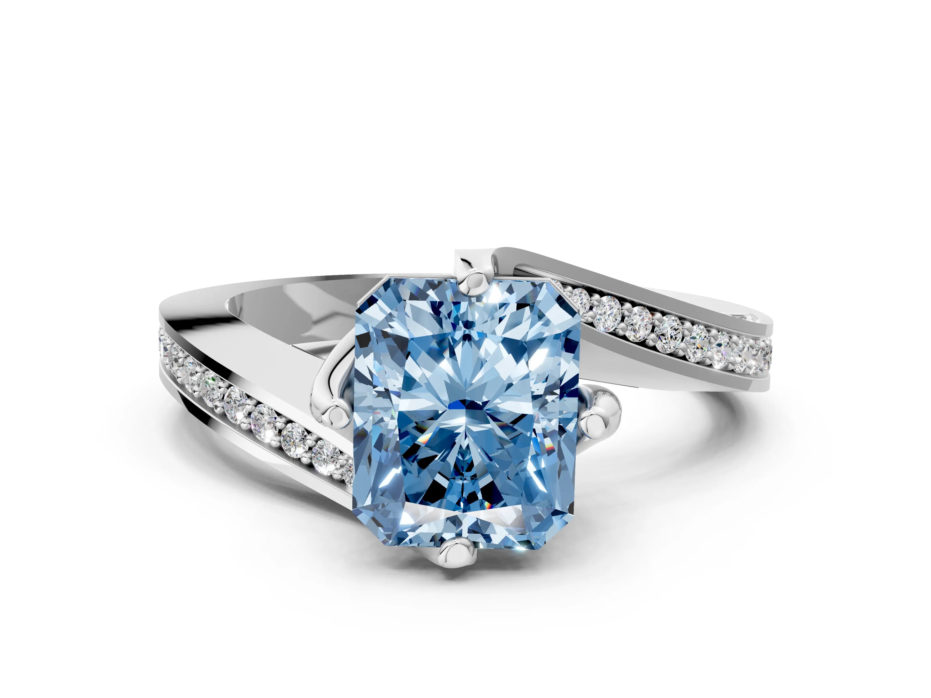 White gold Fancy Blue Radiant Cut Solitaire Diamond Twist Band with Pavé Setting and Four-Prong Setting_12