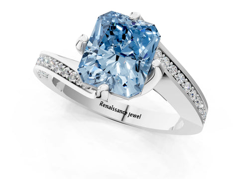White gold Fancy Blue Radiant Cut Solitaire Diamond Twist Band with Pavé Setting and Four-Prong Setting_13