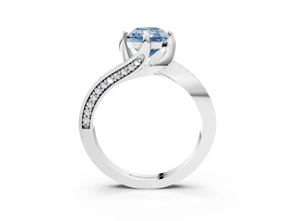 White Gold Radiant Cut Swirl Bypass Pave Engagement Ring Setting for Fancy Blue Center