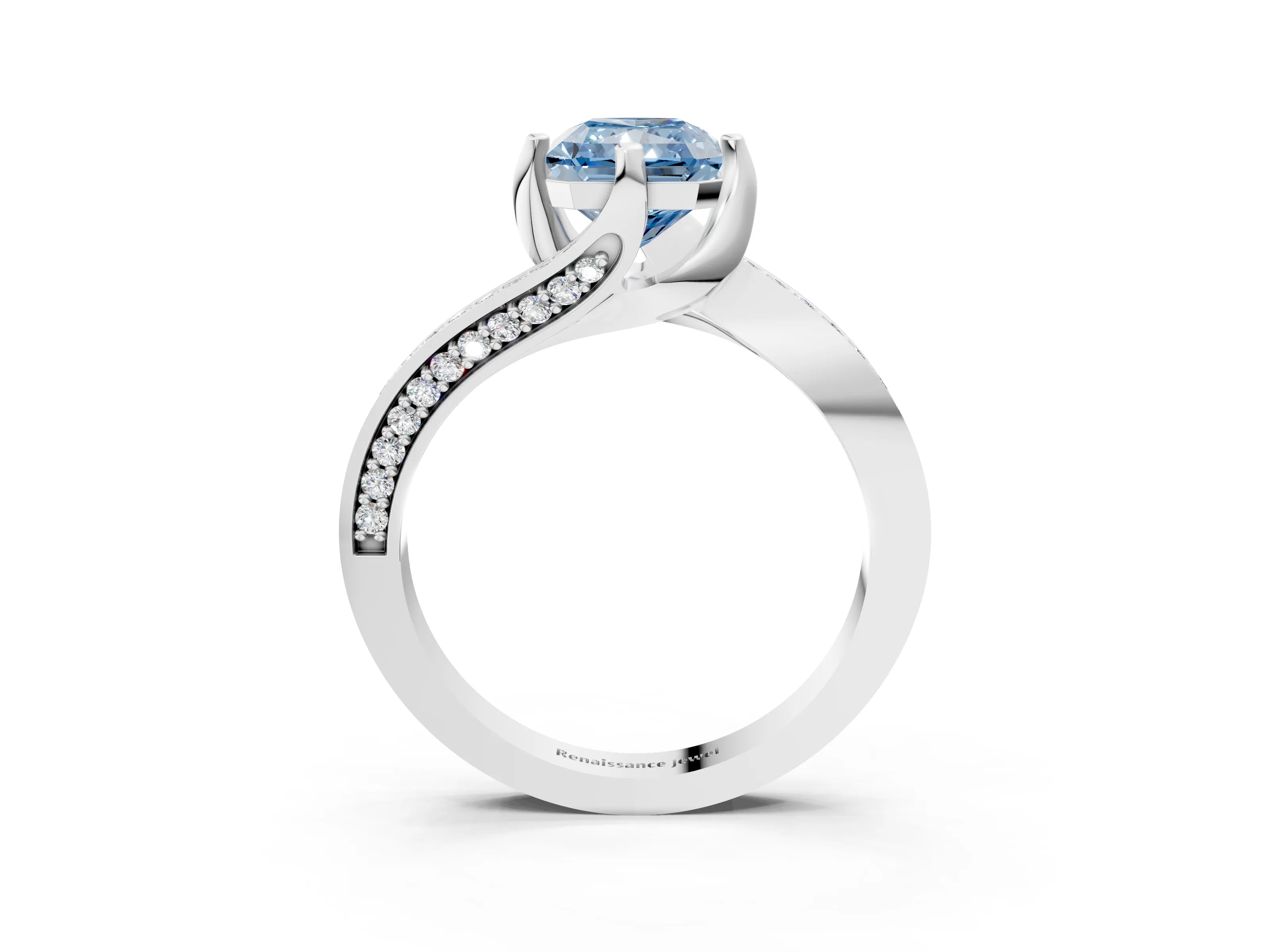 White gold Fancy Blue Radiant Cut Solitaire Diamond Twist Band with Pavé Setting and Four-Prong Setting_15