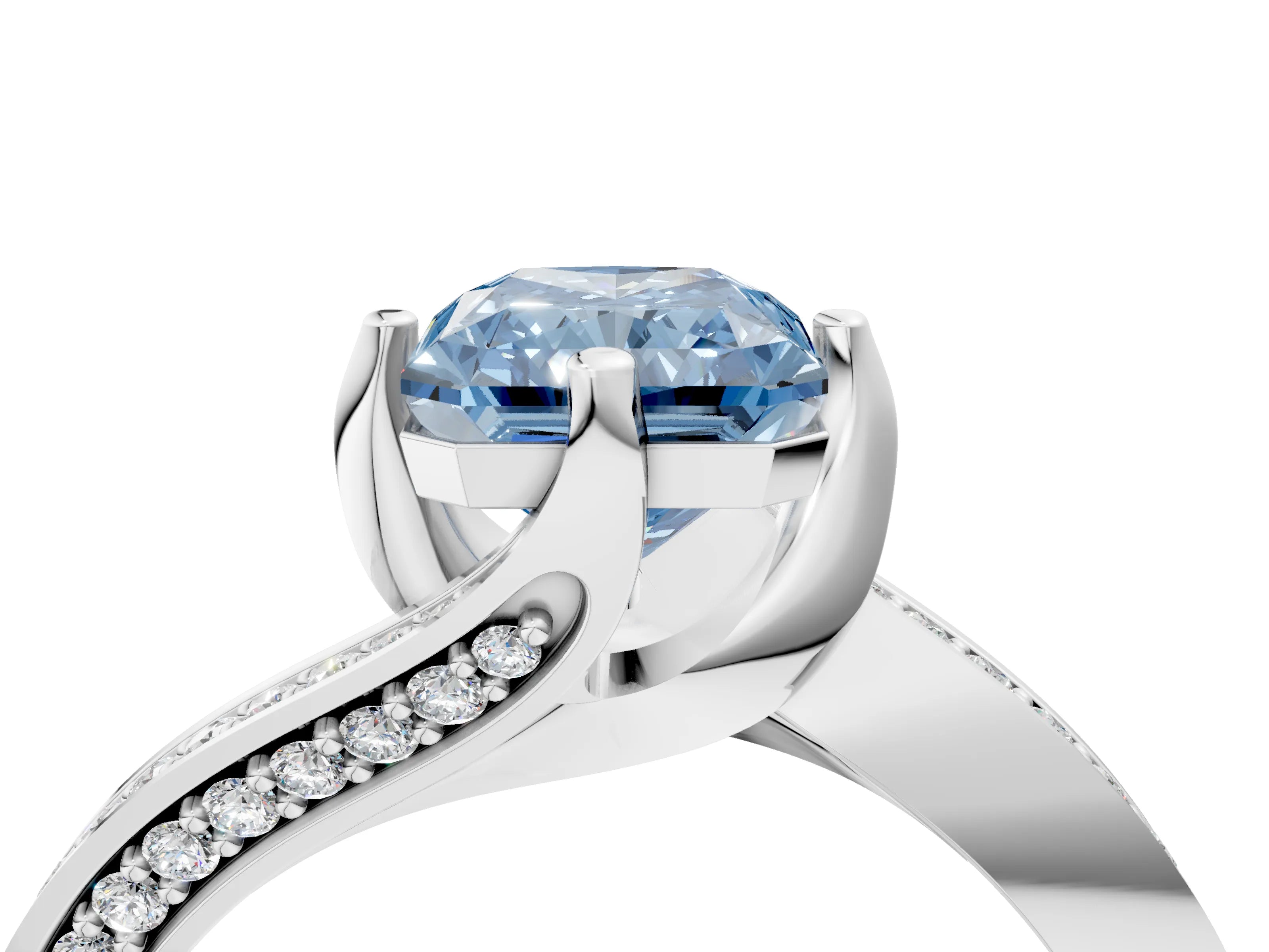 White gold Fancy Blue Radiant Cut Solitaire Diamond Twist Band with Pavé Setting and Four-Prong Setting_16