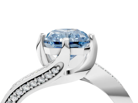 White gold Fancy Blue Radiant Cut Solitaire Diamond Twist Band with Pavé Setting and Four-Prong Setting_16