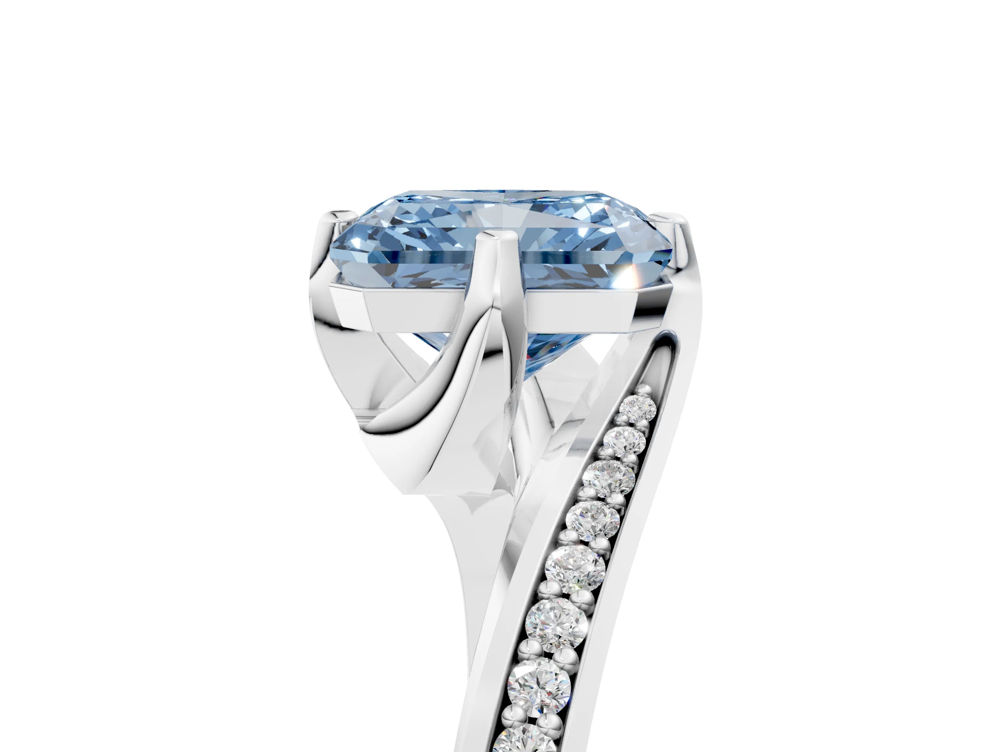 White gold Fancy Blue Radiant Cut Solitaire Diamond Twist Band with Pavé Setting and Four-Prong Setting_17