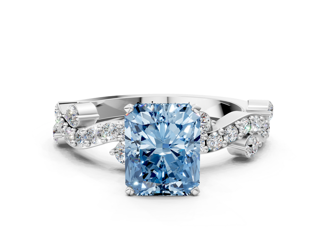 White gold Fancy Blue Radiant  Cut Solitaire Diamond Twisted Band with Pave Setting_77