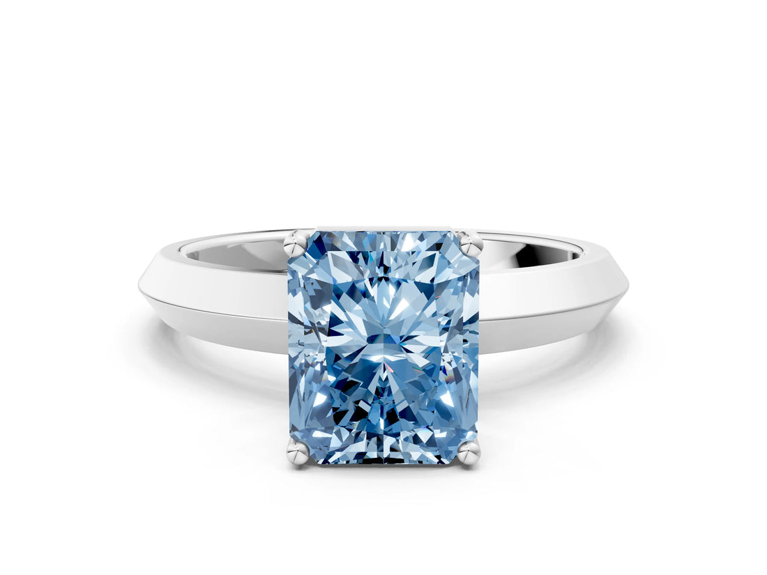 White gold Fancy Blue Radiant  Cut Solitaire Engagement Ring with Flat Band and Four-Prong Setting 1