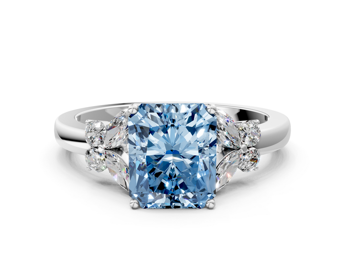 White gold Fancy Blue Radiant  Cut Solitaire Floral Diamond Ring with Four-Prong Setting_20