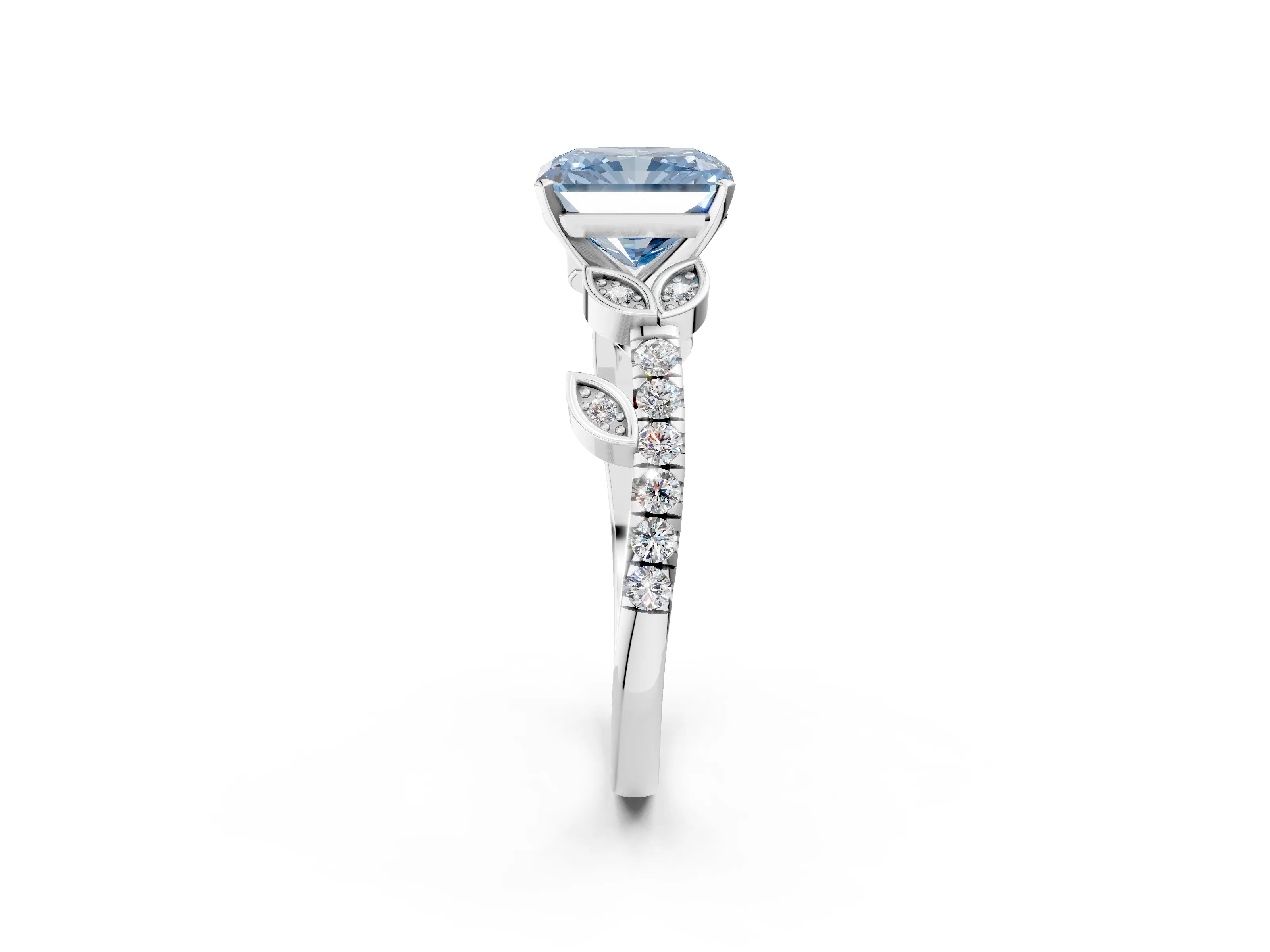 White gold Fancy Blue Radiant Cut Solitaire Leaf-Inspired Diamond Ring with Pavé Band and Four-Prong Setting_14